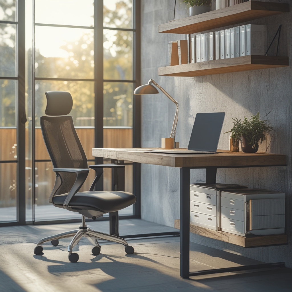 Moderner, aufgeräumter Schreibtisch-Arbeitsplatz mit ergonomischem Stuhl, Laptop auf erhöhtem Ständer, natürliches Seitenlicht, Holzoberflächen und ruhige Büroatmosphäre