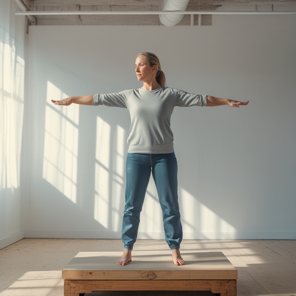 Person steht in einer Einbeinstellung auf einer Holzfläche in einem offenen Studio, Arme seitlich ausgestreckt, Fokus auf Gleichgewicht und Kontrolle, heller Raum