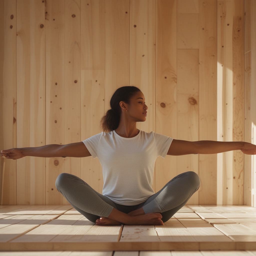Person führt eine ruhige Dehnübung in einer hellen Holzstudio aus, Seitenneigung mit gestreckten Armen, warmes natürliches Licht, keine Übungsgeräte