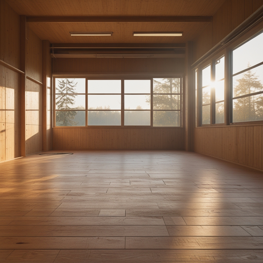 Helles, minimalistisches Bewegungsstudio mit Holzboden und großen Fenstern, durch die warmes Morgenlicht fällt, leere Übungsfläche mit ruhiger Atmosphäre